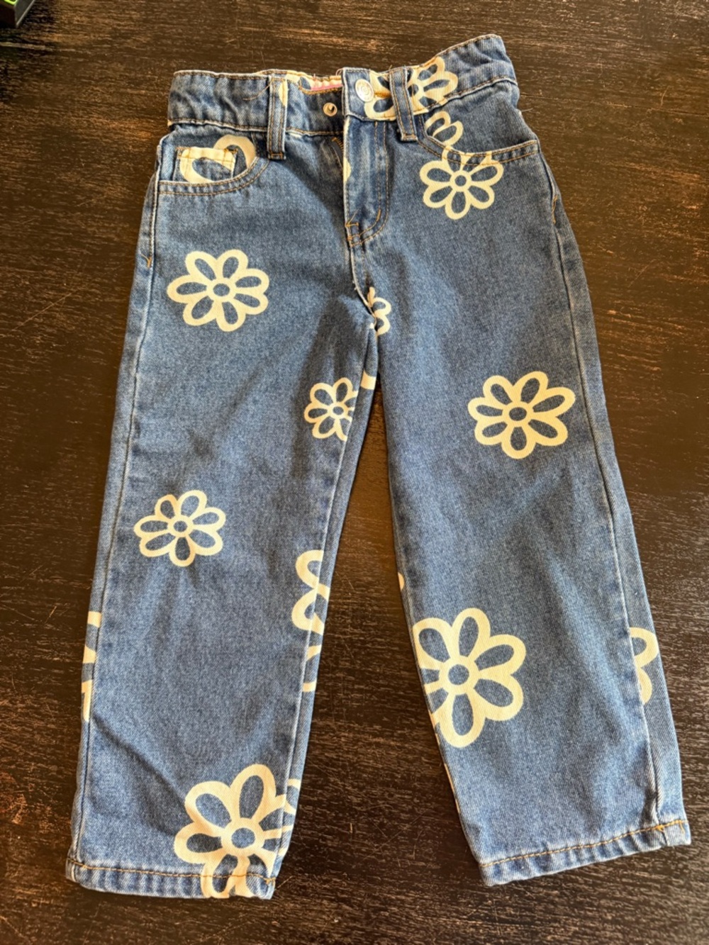 Toddler Blue Denim Jeans with White Flower Print